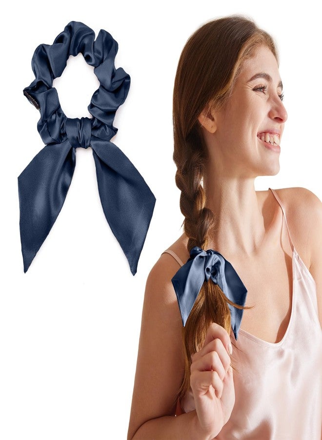 THXSILK Hair Silk Scrunchies with Bow for Women Pure Mulberry Silk Hair Cute Ring Ties Scrunchies for Girls Women's Thick Hair Navy Blue, 3.5" - Image 1